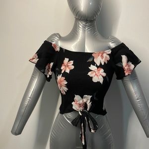Black floral crop top with tie at front